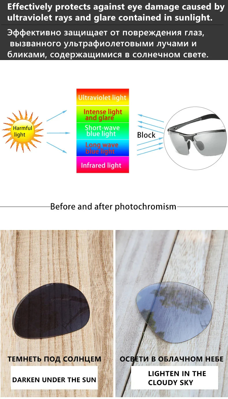 CLLOIO Aluminum Photochromic Sunglasses Men Polarized Day Night Driving Chameleon Glasses Anti-Glare Change Color Sun Glasses UV