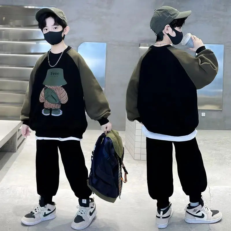 Spring Autumn Boys Patchwork Cartoon Sweatshirt+Sweatpant Workout Set School Kids 2PCS Tracksuit Children Jogging Outfit 5-16 Yr