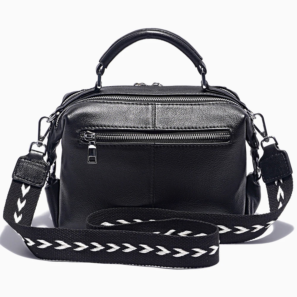 Black White Shoulder Bag For Women 100% Genuine Leather Handbag