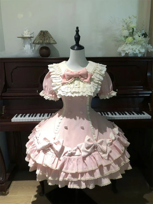 Japanese Sweet Lolita Kawaii Short Dress Women Pink Princess Y2k Bow Ruches Slim Dresses Female Korea Style Design Chic Outfits