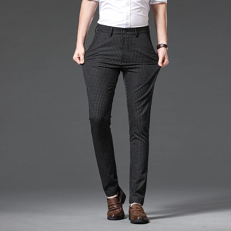 Plaid Casual Business Trousers Men Fashion Stretch Suit Brand Straight Slim Korea