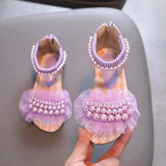 Girls Sandals Summer Fashion Pearl Lace Princess Shoes Flat Heels Kids Beach Sandals