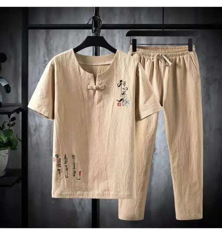 (Shirt + trousers) 2025 summer Chinese Style men shirt Cotton and linen shirts men's High quality casual shirts Two Piece M-5XL