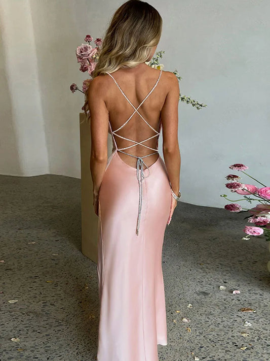 Split Spaghetti Strap Backless Maxi Dress Women Evening Lace Up Party Dresses