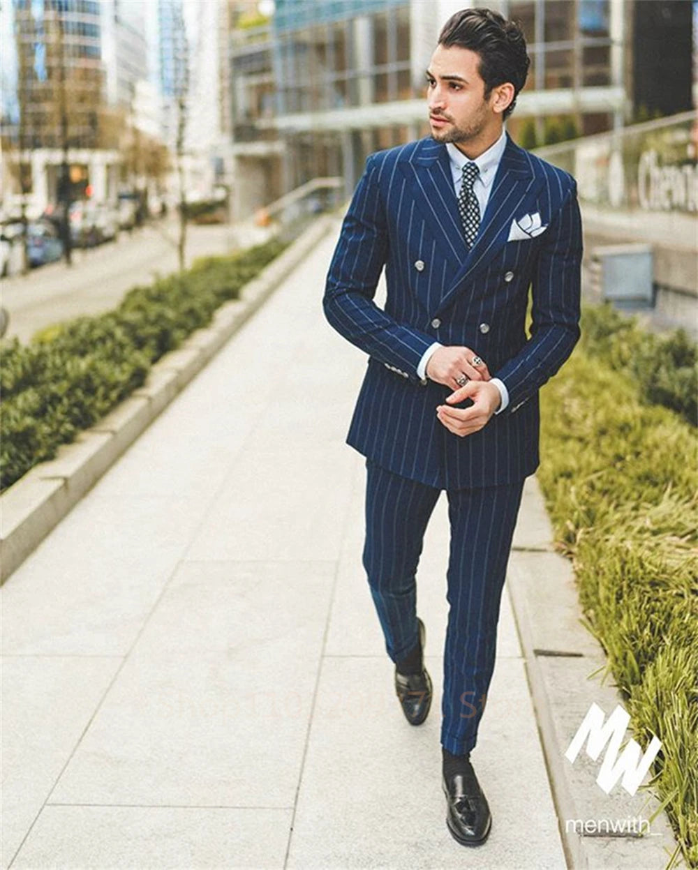 Tuxedo for Mens: Navy Blue Suits Double Breasted Pinstripe Peak Lapel Design 2 Piece