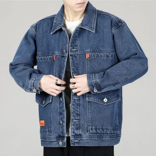 Male Jean Coats Blue Padded Men's Denim Jacket Wide Shoulders With Sheep Padding