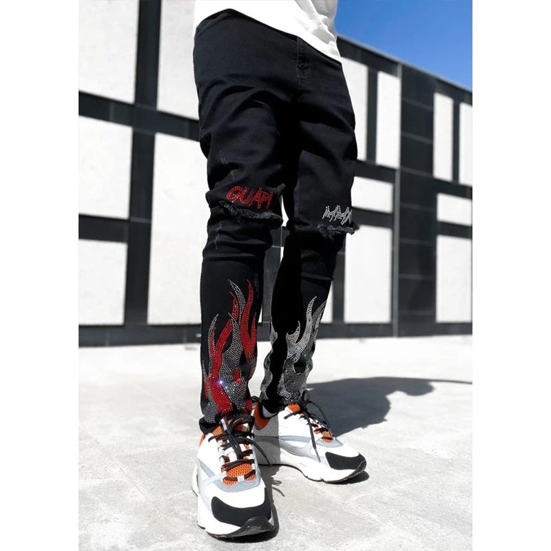 Men Luxury Black Stretch Skinny Ripped Jeans Hot Drilling High Quality Designer