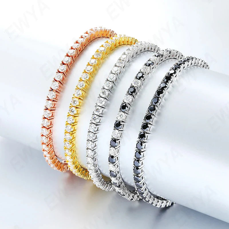 EWYA GRA Certified Real 3/4/5/6.5MM Full Black Moissanite Tennis Bracelet for Women Men S925 Silver Link Bracelets Fine Jewelry