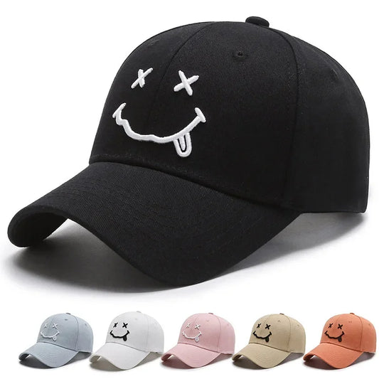 Women's Smiley Face Embroidery Baseball Caps Kpop Black Cotton Adjustable