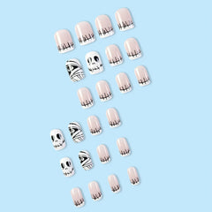 24Pcs Halloween Little Ghost Press on Fake Nails Creative French Design Short Square