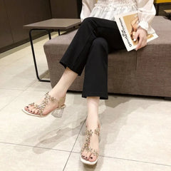 Summer Women Sandals Pvc Crystal Flower Decoration Chunky Heel Peep Toe