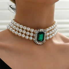 Multi Layered Simulated Pearl Green Crystal Choker Necklace Collar Statement