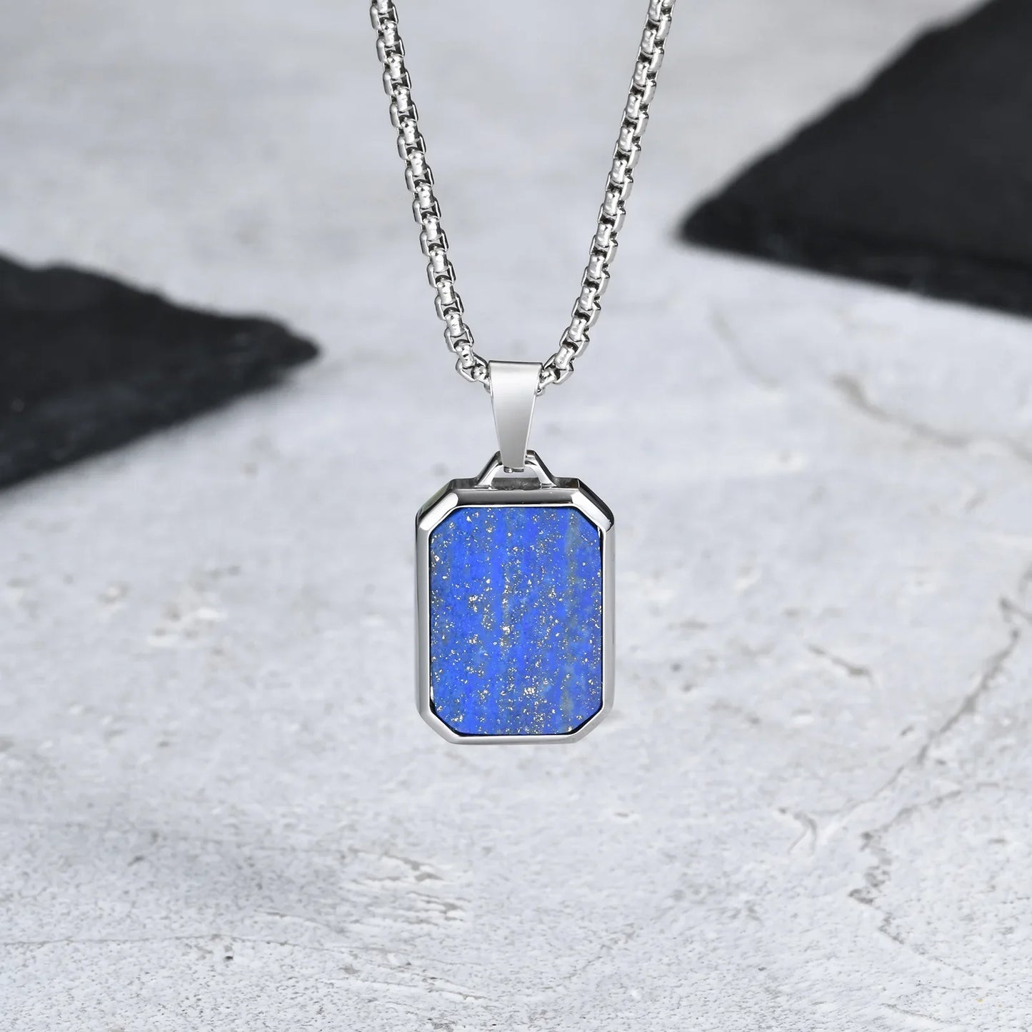 Trendy Pendant Necklaces for Men Boys,Square Natural Stone Stainless Steel Necklaces,Hip Hop Cool Healing Jewelry Gifts