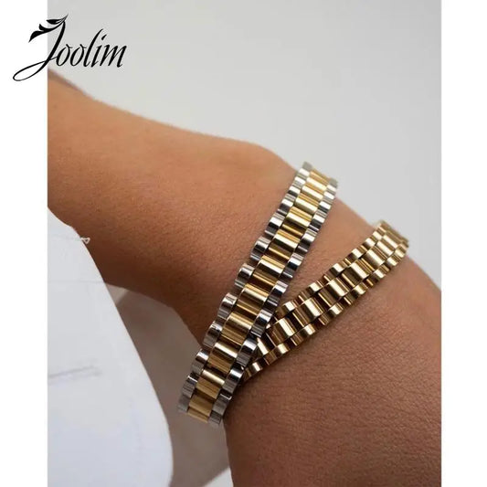 Joolim Jewelry Wholesale Waterproof&No Fade Fashion Chunky Watchband Adjustable Stainless Steel Bracelet High End PVD for Women