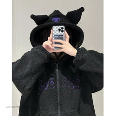 Cartoon Kuromi Clothes Women Black Embroidery Hoodies Aesthetic Tops Autumn Coats