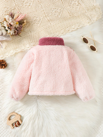 2-8 Years Kids Girl Plush Overcoat Long Sleeves Lapel Zippered Coat for Winter Outdoor Wear Fashion Color Blocking Warm Top
