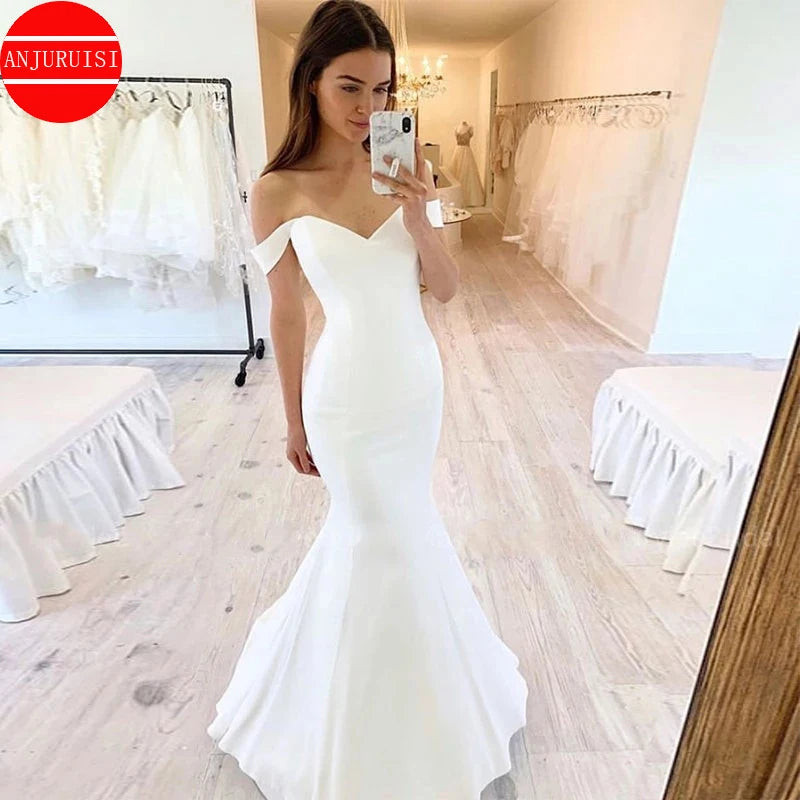 White Bridesmaid Dresses: Off The Shoulder Soft Satin Mermaid Wedding Dresses