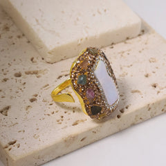 Natural Freshwater Square Row Baroque Pearl Tourmaline Edging Ring for Women