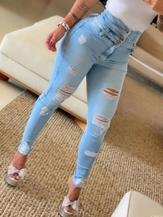 Women High Waist Stretch Skinny Ripped Jeans Lady Slim Fit Hip Wrap Denim Pencil Pants Y2k Punk Streetwear Light Blue Trousers