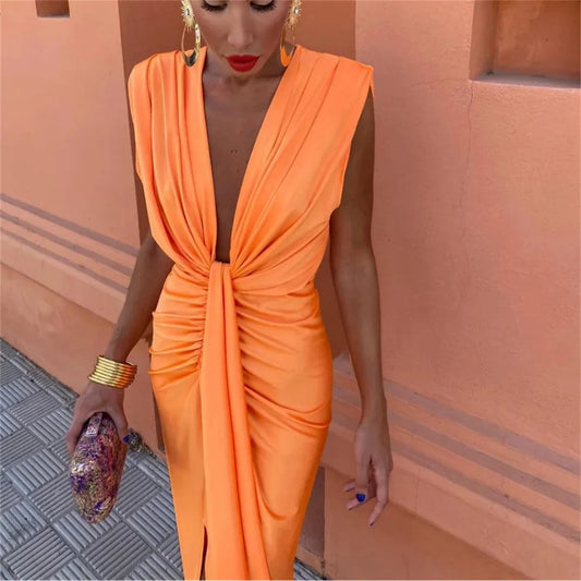 Evening wear Dresses: Women Slim Sleeveless Midi Dress Deep V Neck High