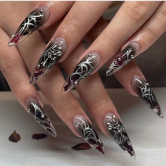 Cool 3D Water Ripple Butterfly Silver Black Long Pointed False Nails Detachable Finished Fake Nails Press on Nails with Glue