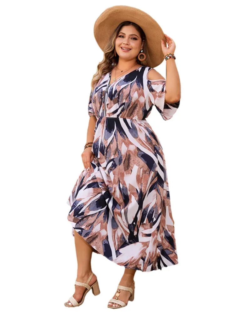 Plus Size Summer Long Dress Women V-Neck Fashion Irregular Short Sleeve Ladies Dresses Graffiti Print Casual Loose Woman Dress