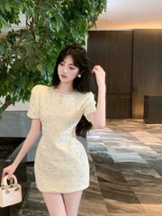 French Temperament Diamond Hollow Out Dress Women Round Neck Bow Bubble Sleeve