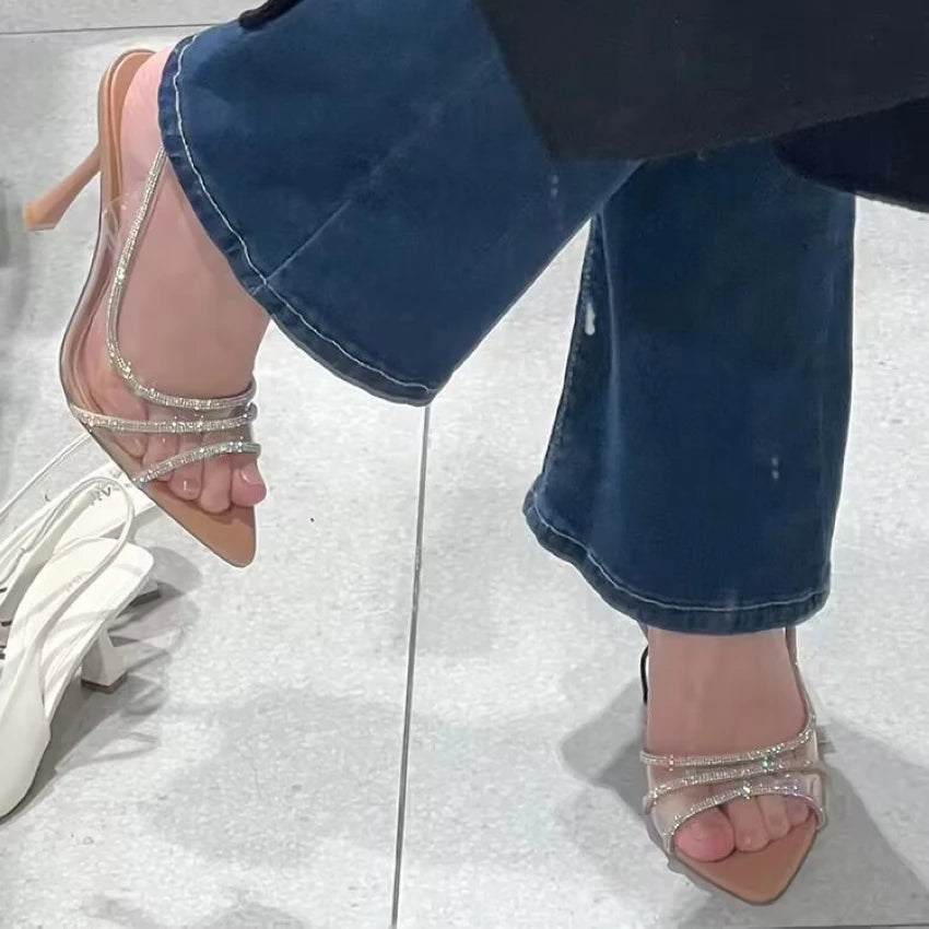 2023 Women Summer Rhinestone Slingback Pumps Office Lady Transparent Heeled Sandals Elegant Pointed Toe Female Sexy High Heels