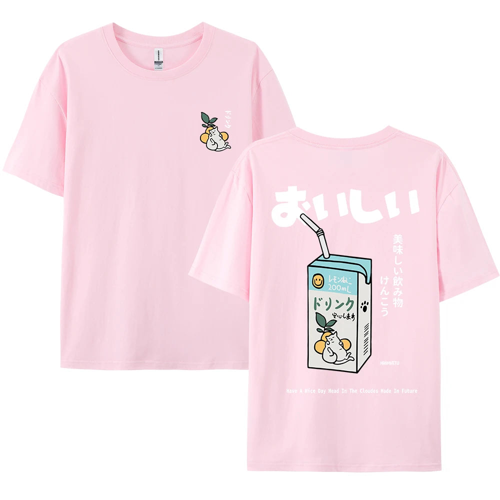 Cute Japanese Cat Print Oversized T-shirt men Women Short Sleeve Loose Casual Tee Shirt Streetwear Tops Cotton Harajuku Clothing