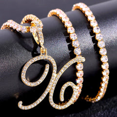 Cursive Letters Cubic Zirconia Chain Intial Name Necklace Hip Hop Jewelry Gold