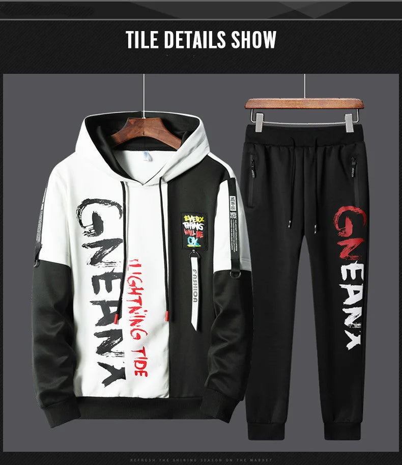Men Tracksuit Sweat Suits Mens Patchwork 2 Piece Hoodie+Pants Set Hip Sweatpants Hop Fashion Streetwear Sports Clothing Set 4XL