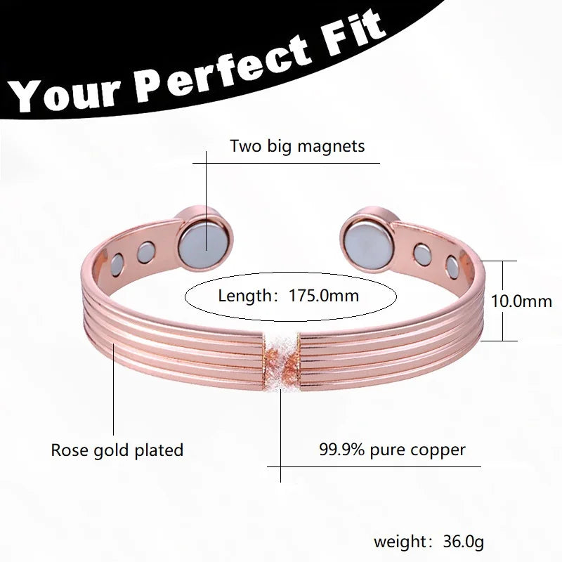 Pure Copper Bracelets for Men Women Rose Gold Color Adjustable Cuff Bangles Arthritis Health Big Magnets Jewelry