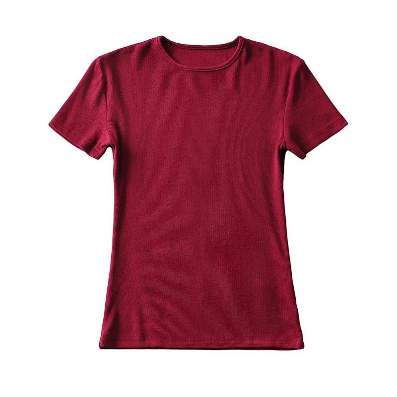 Casual Summer Woman Skinny Fit T-shirt Tight Short-Sleeve O-neck Tee Basic Solid Crop Tops T Shirt