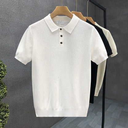 Turn Collar Knit Polo Shirt Short Sleeve Mens Sweater Top