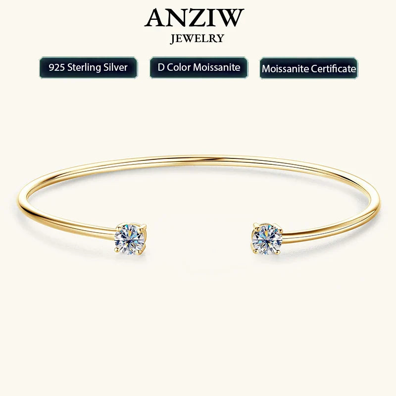 Anziw 5mm 0.5CT D VVS1 Moissanite Bangle Cuff Real 925 Sterling Silver Bracelet for Women Hand Opening Cuffs Fine Jewelry Gifts