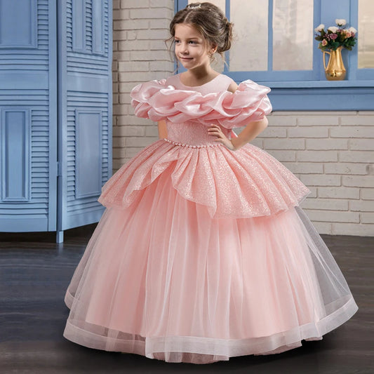 Girl's pearl sequin princess dress 4-10 years old fashionable one shoulder fluffy skirt Birthday wedding flower girl performance