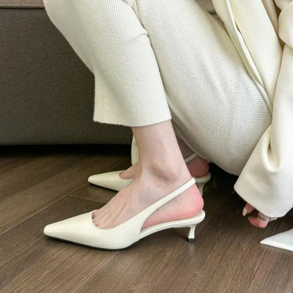 2023 Spring Summer Women Kitten Heels Pointed Toe Sandals Fashion Back Buckle Bling Silver Ladies Casual Med Heels Shoes