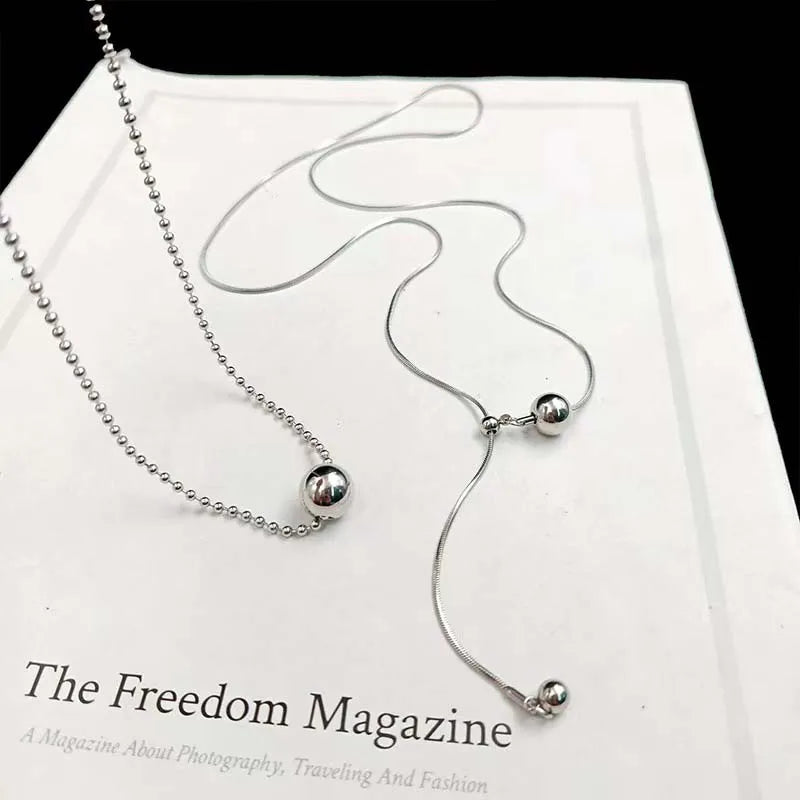 Stainless Steel Silver Color Beaded Necklaces for Women Fashion Metal Pull Long Snake Bone Chain Necklaces Jewelry Party Gifts