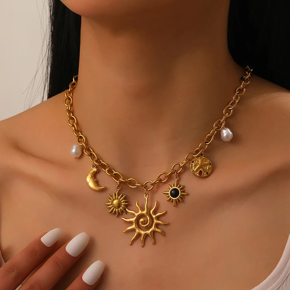 DIEYURO 316L Stainless Steel Golden Trendy Starfish Moon Sun Shaped Pendant Necklace For Women Romantic Neck Chain Holiday Gift
