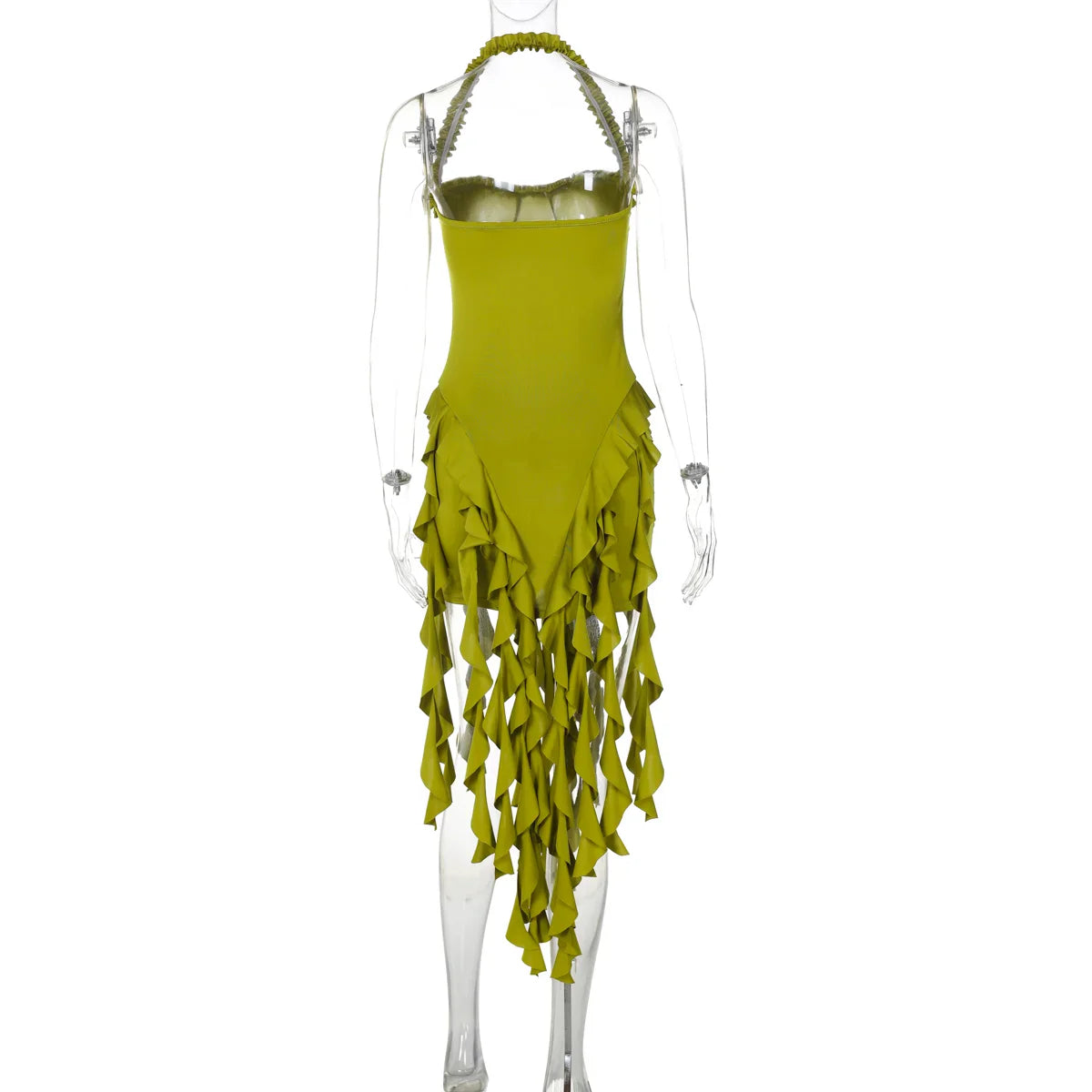 Hugcitar Elegant Halter Solid Ruffles Backless Taseel Sexy Slim Mini Dress Spring Women Cute Outfits Birthday Party Vacation
