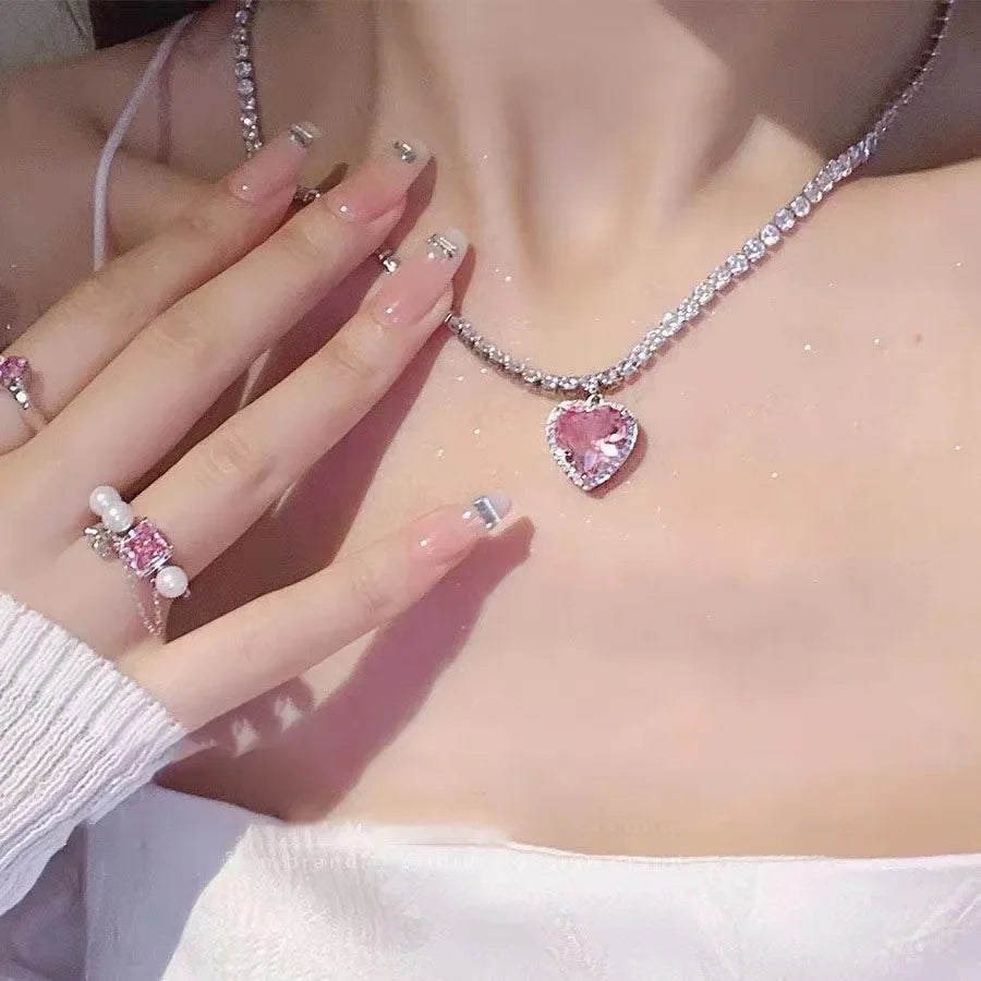 Y2K Accessories Fashion Peach Heart Water Drop Pendant Necklace Pink Crystal Egirl Sweet Cool Clavicle Chain Aesthetic Jewelry