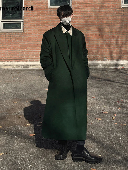 Autumn Winter Long Warm Oversized Soft Dark Green Black Woolen Coat Men