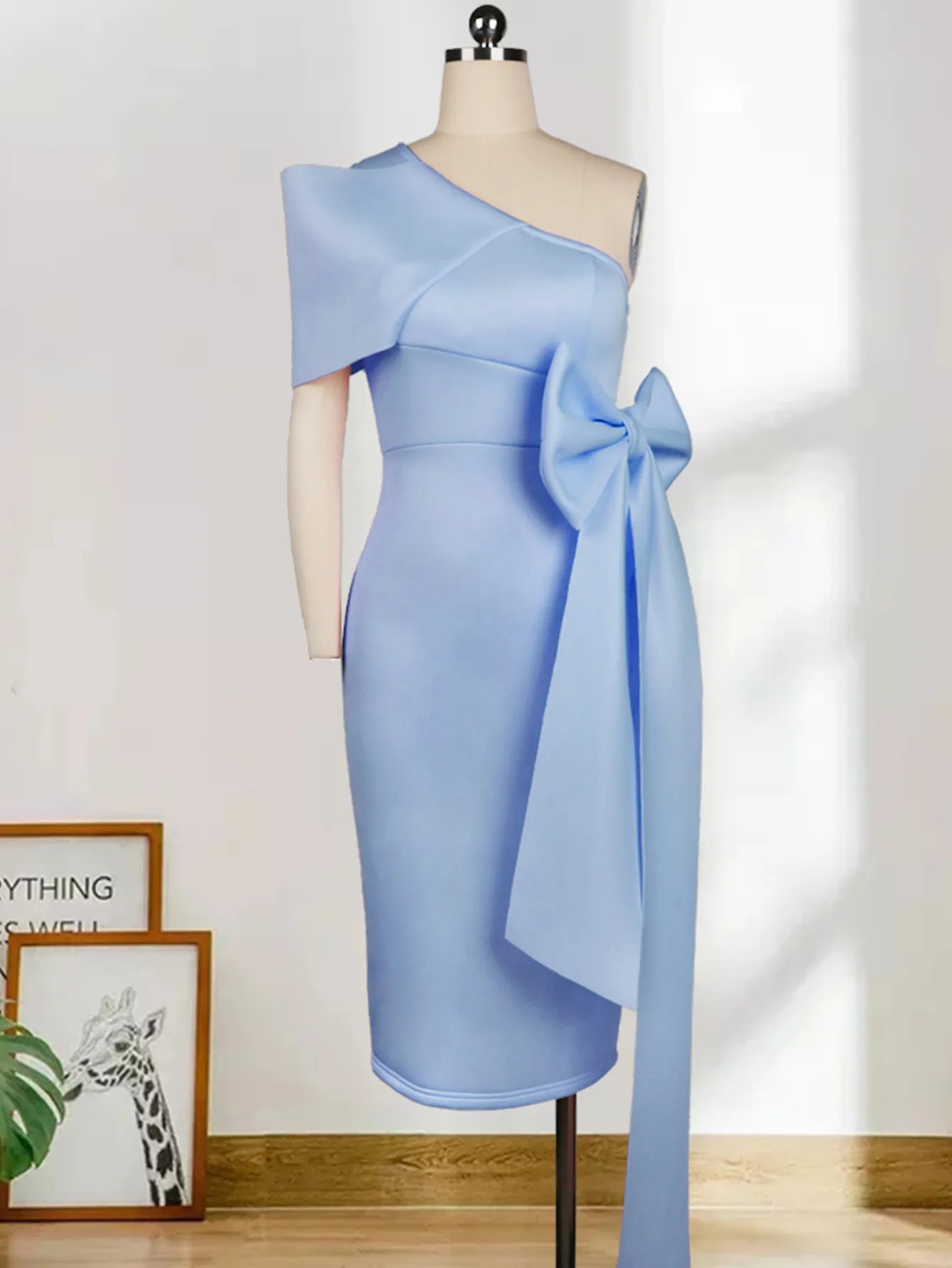 Evening wear Dresses: One Shoulder Elegant Sky Blue Midi Sheath Dresses