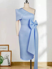 Bow Dress for Women Formal One Shoulder Elegant Sky Blue Midi Sheath Dresses