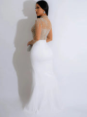 Evening wear Dresses: Sparkle See-Through Mesh Pearls Diamonds Long Maxi Dress