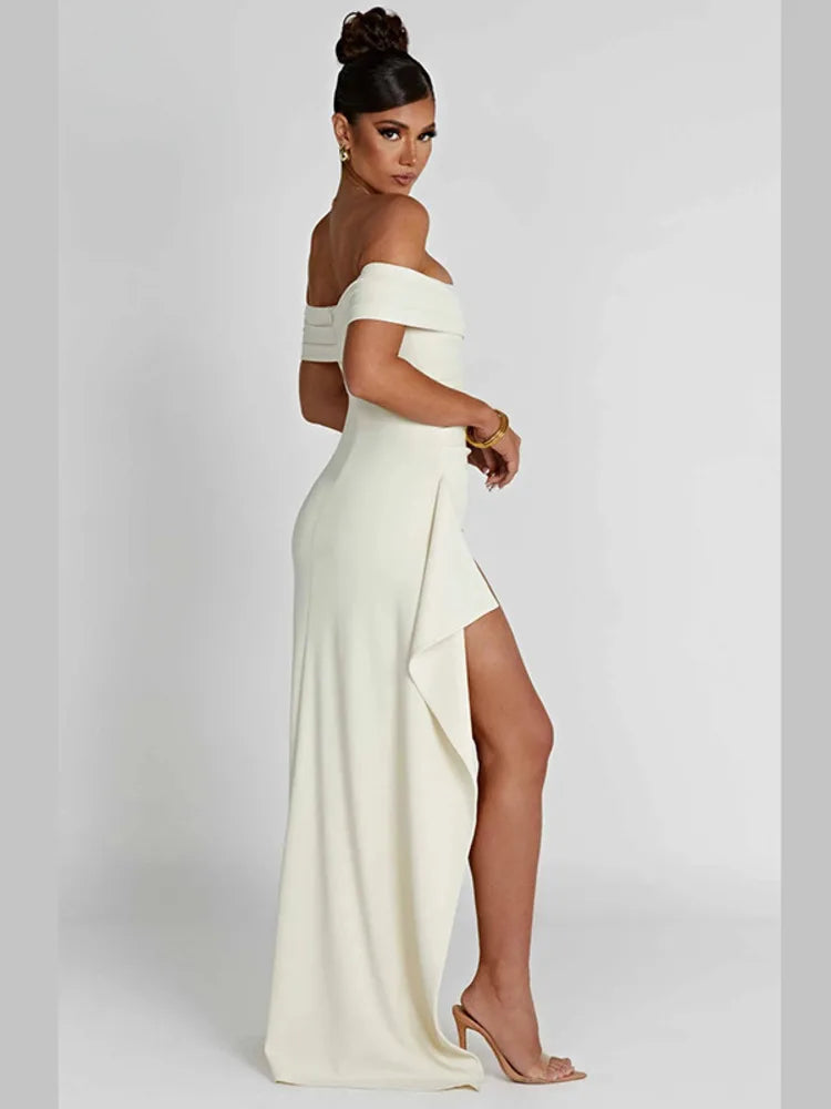 Formal attire Dresses: Mozision Off-shoulder Ruffle Thigh High Split Maxi Dress