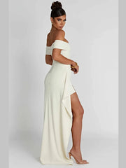 Mozision Off-shoulder Ruffled Thigh High Split Maxi Dress