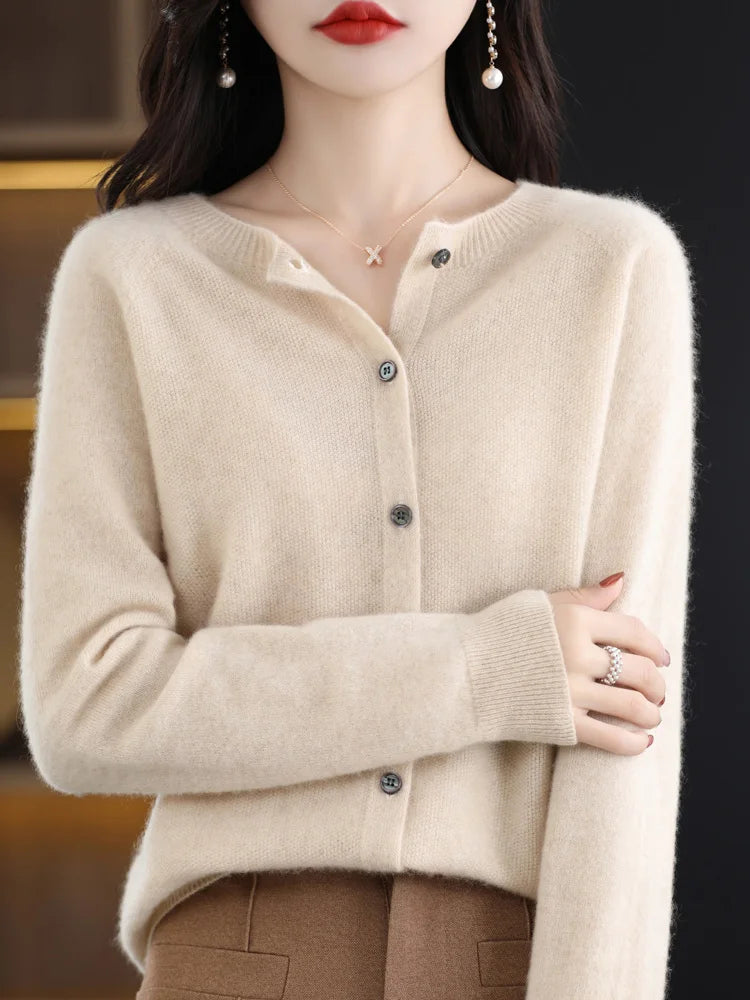 Long Sleeve 100% Merino Wool Sweaters Cashmere Cardigan Spring Autumn Women