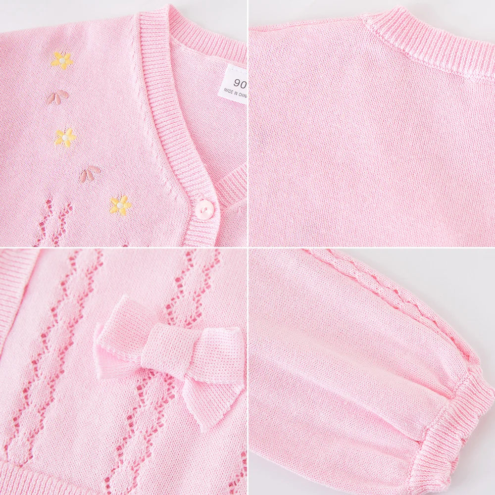Cute Bow Purple Embroidery Jacket Girls Cardigan V-neck Sweater Pink Coat