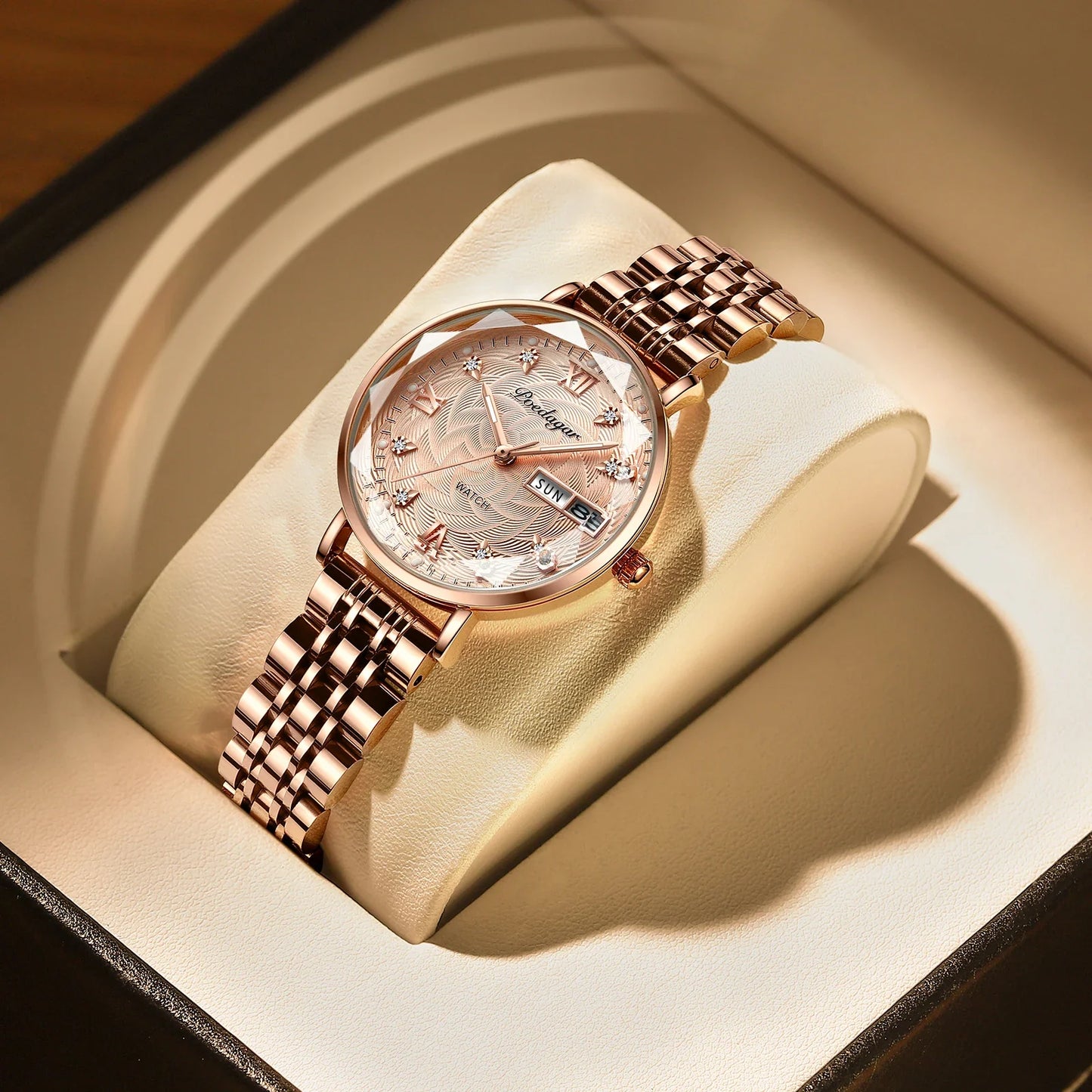 POEDAGAR Elegant Luxury Women Watch Waterproof Luminous Date Week Ladies Watches Fashion Stainless Steel Quartz Woman Wristwatch